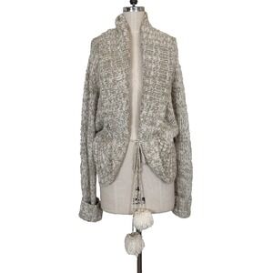 VTG Y2K Juicy Couture  Knit Cardigan Sweater  L Beige Wool Bld Pom Pom Tie Waist